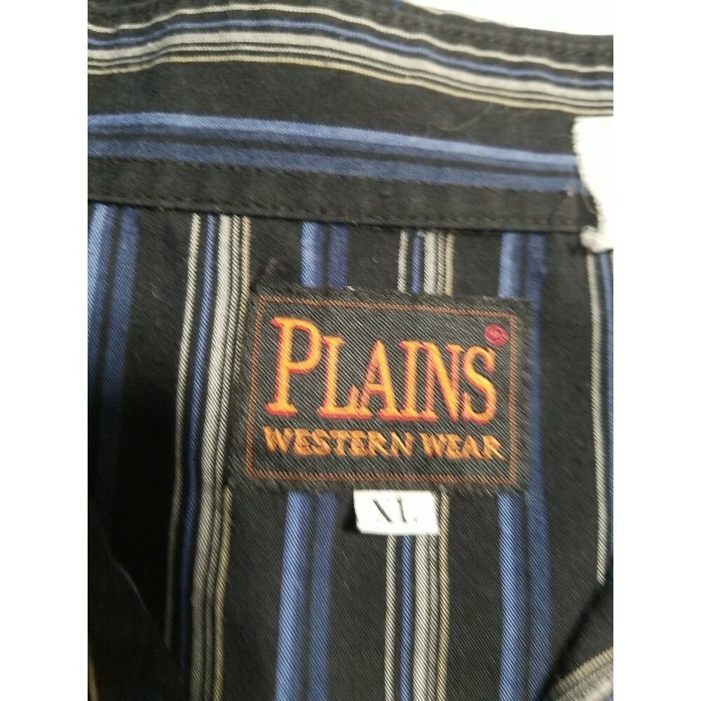 Plains Vintage Western Wear Shirt Mens XL Pearl Snap Black Blue Stripe LS - Picture 10 of 11